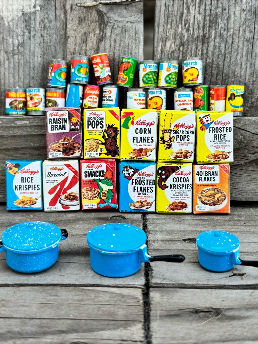 Vintage Miniature Food & Kitchen Lot - Kellogg’s Cereal, Cans & Pots